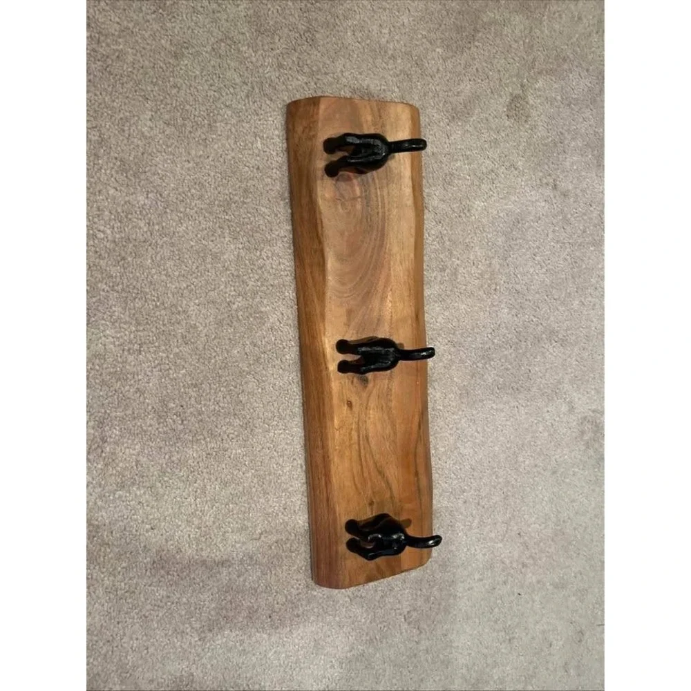 Live Edge Wood Wall Coat Rack with 3 Cast Iron Dog Tail Hooks Rustic Home Decor